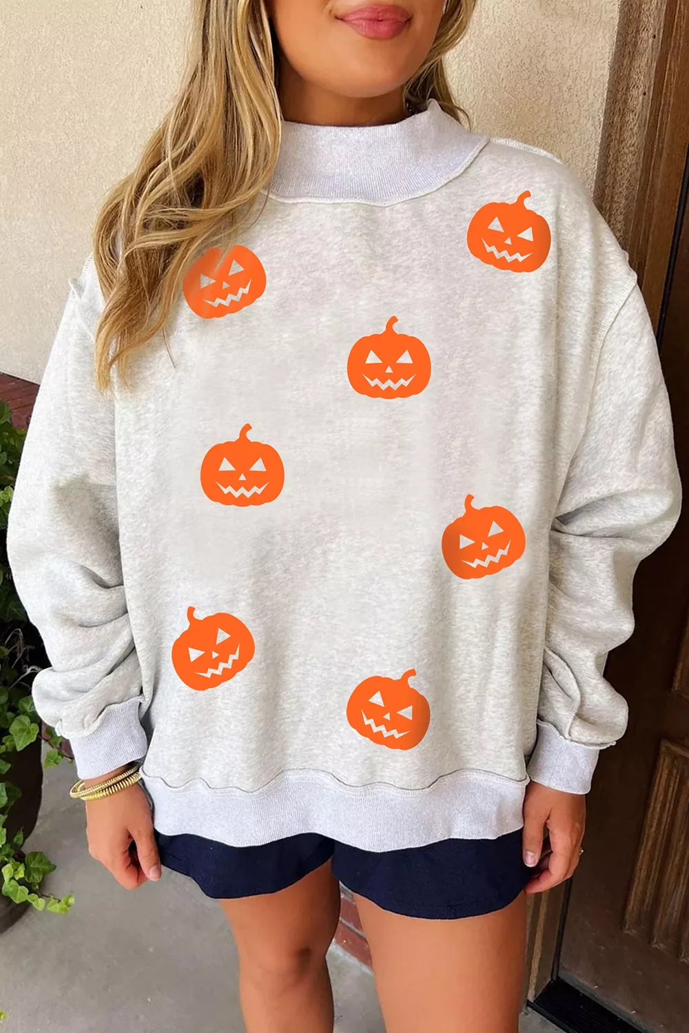Halloween Pumpkin Face Print Mock Neck Reversible Sweatshirt EB99
