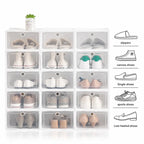 A 4x4 stack of clear plastic shoe boxes shown filled with various pairs of shoes, with a small potted plant on top. To the right, there is a vertical list of shoe types with line drawings: slippers, canvas shoes, single shoes, sports shoes, and low-heeled shoes.