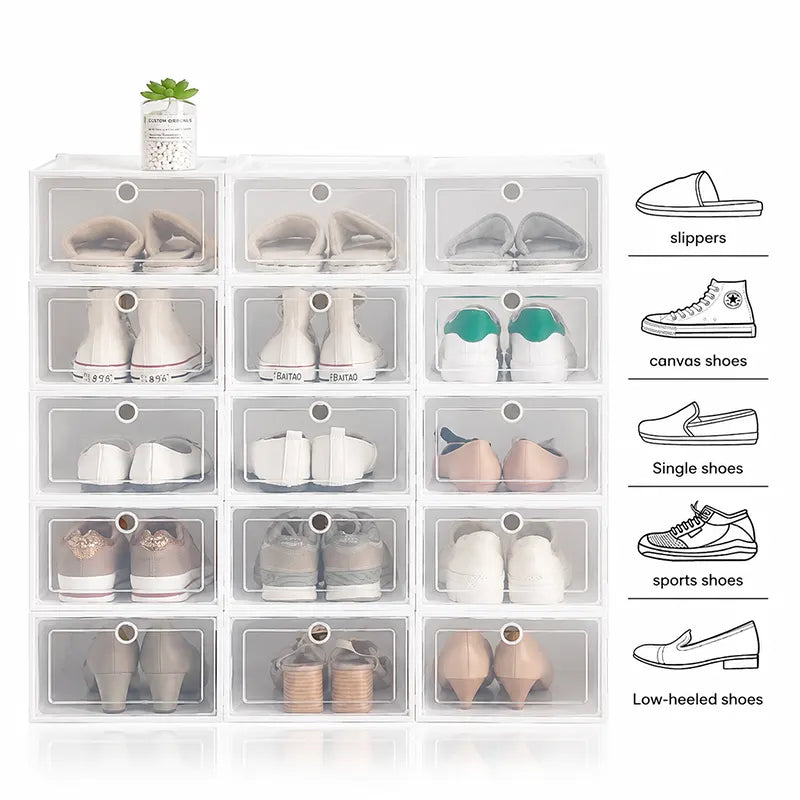 A 4x4 stack of clear plastic shoe boxes shown filled with various pairs of shoes, with a small potted plant on top. To the right, there is a vertical list of shoe types with line drawings: slippers, canvas shoes, single shoes, sports shoes, and low-heeled shoes.
