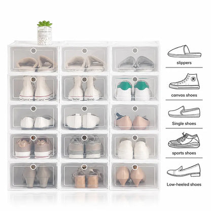 A 4x4 stack of clear plastic shoe boxes shown filled with various pairs of shoes, with a small potted plant on top. To the right, there is a vertical list of shoe types with line drawings: slippers, canvas shoes, single shoes, sports shoes, and low-heeled shoes.