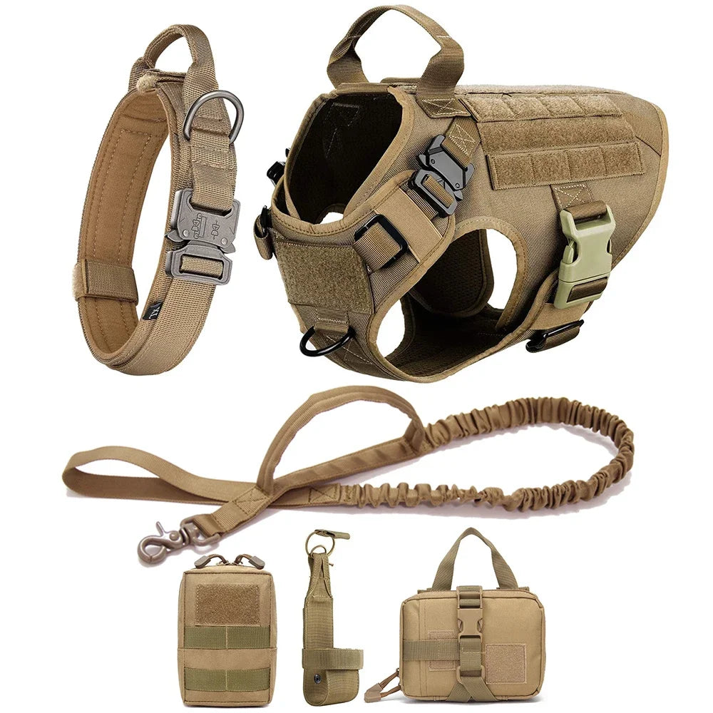 Tactical Military Dog Harness Set with Collar, Bungee Leash & MOLLE Pouches