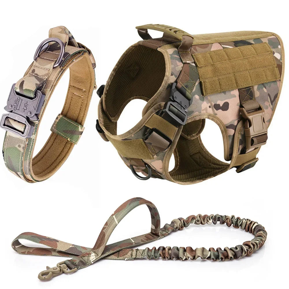 Tactical Military Dog Harness Set with Collar, Bungee Leash & MOLLE Pouches