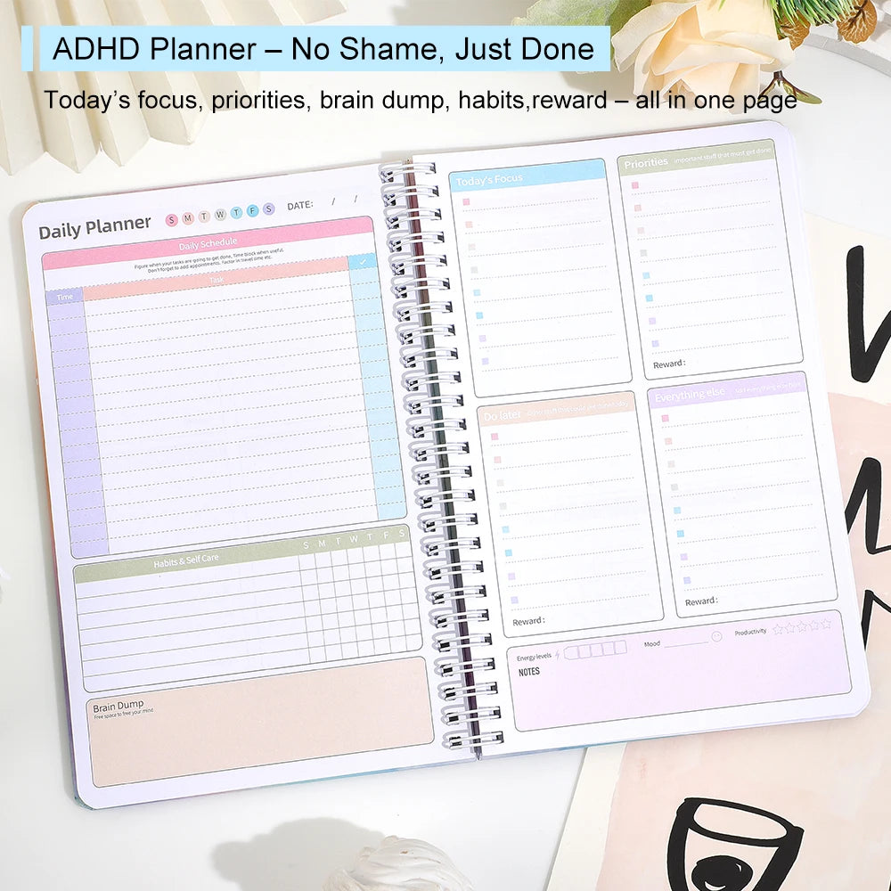 64 Sheets ADHD Daily Focus Planner A5 Notebook