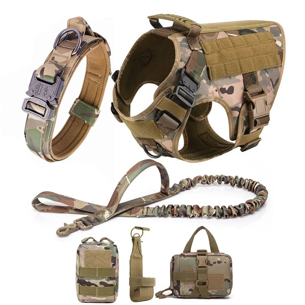 Tactical Military Dog Harness Set with Collar, Bungee Leash & MOLLE Pouches