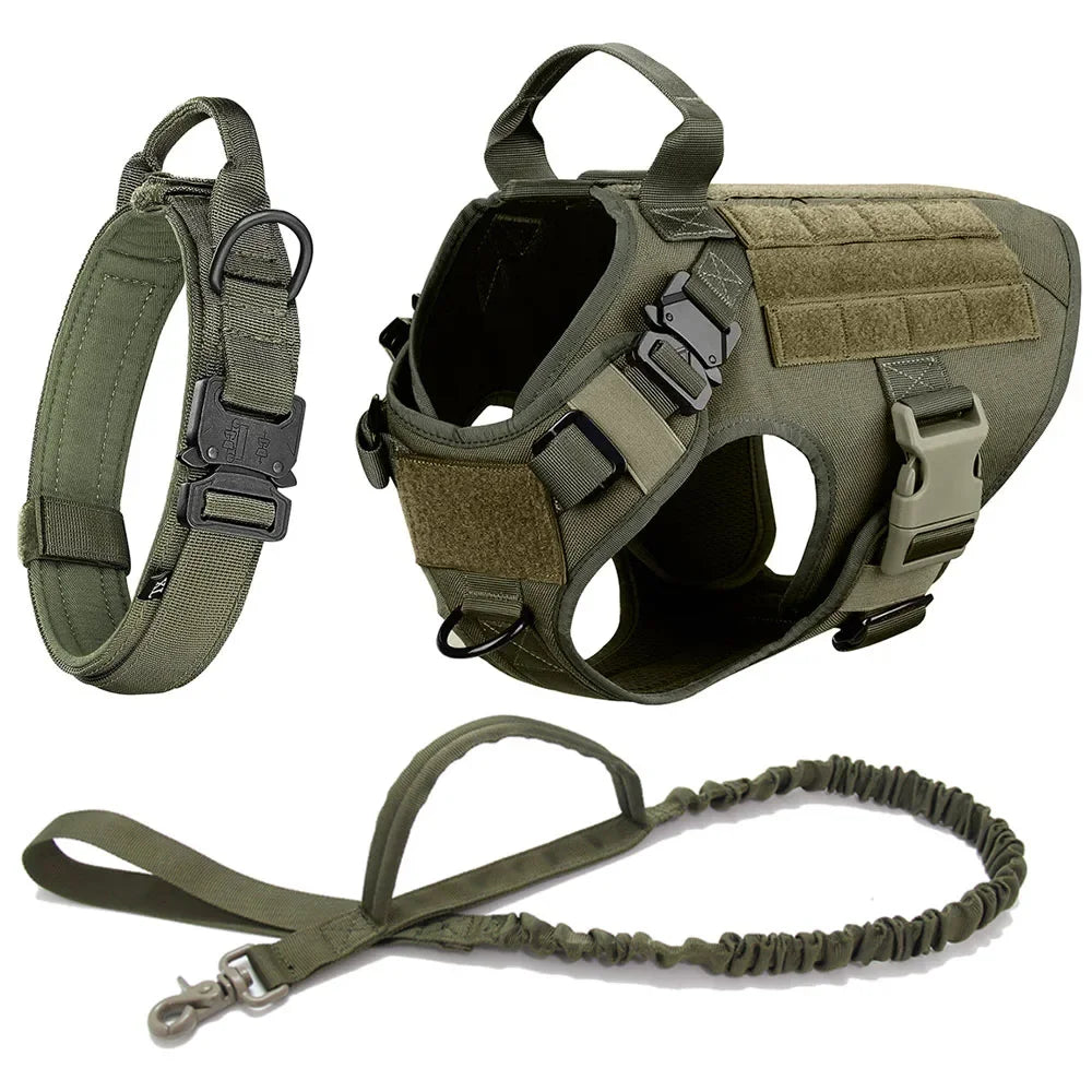 Tactical Military Dog Harness Set with Collar, Bungee Leash & MOLLE Pouches
