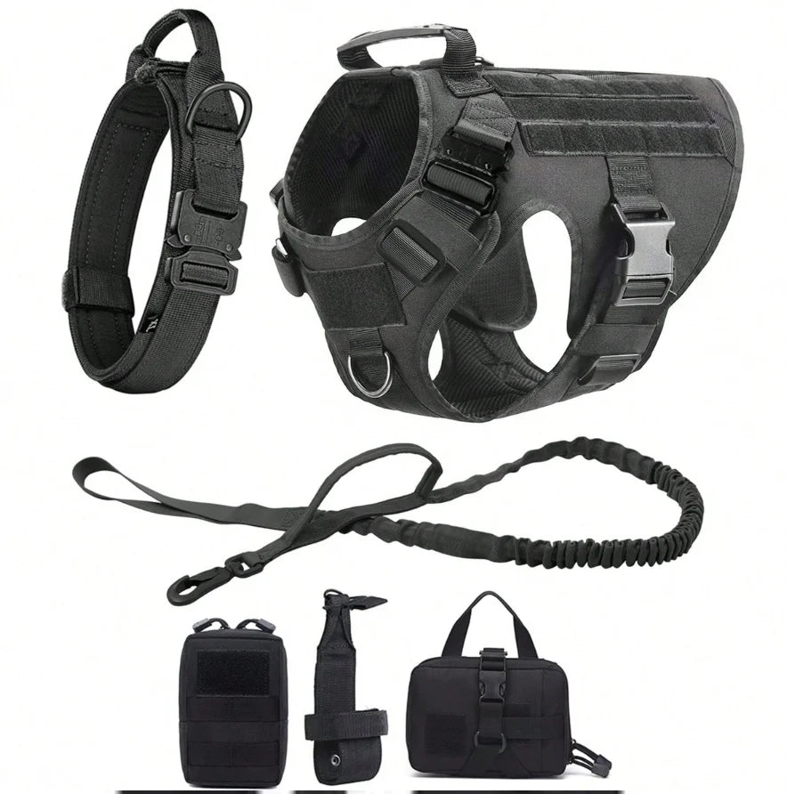 Tactical Military Dog Harness Set with Collar, Bungee Leash & MOLLE Pouches