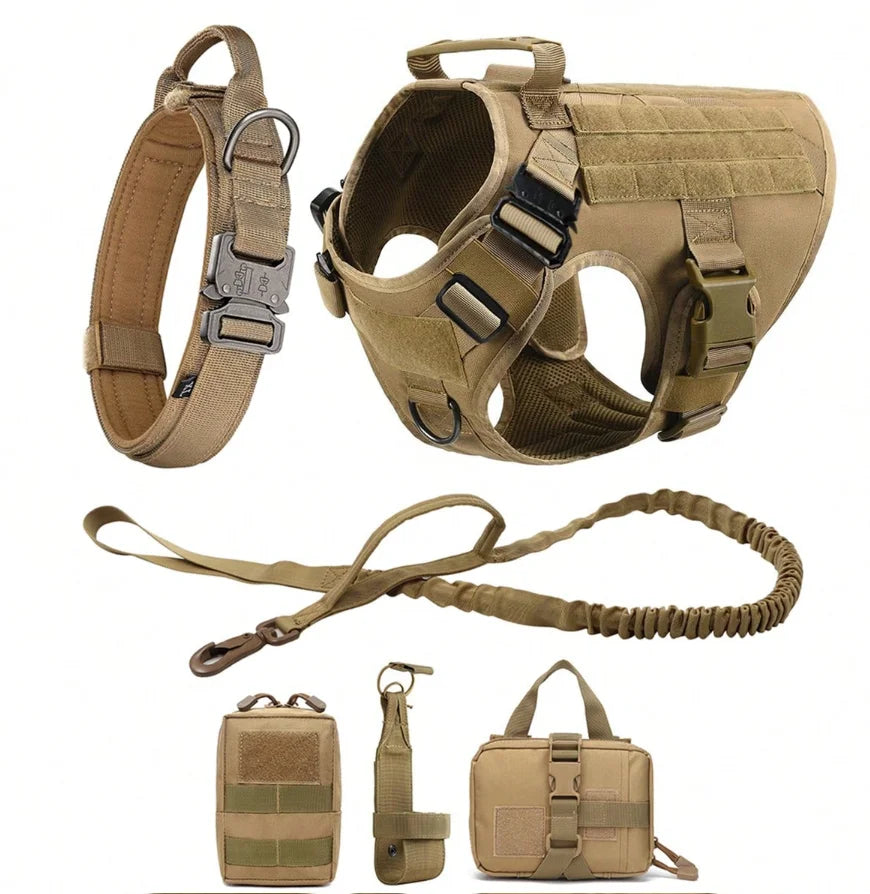 Tactical Military Dog Harness Set with Collar, Bungee Leash & MOLLE Pouches