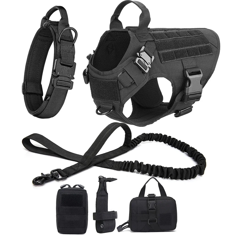 Tactical Military Dog Harness Set with Collar, Bungee Leash & MOLLE Pouches