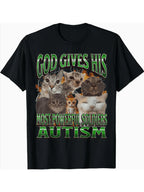 "God Gave Him The Strongest Warrior: Autism" Cat Pattern T-Shirt - Fun Autism Awareness Promotional T-Shirt Women Clothing Y2K